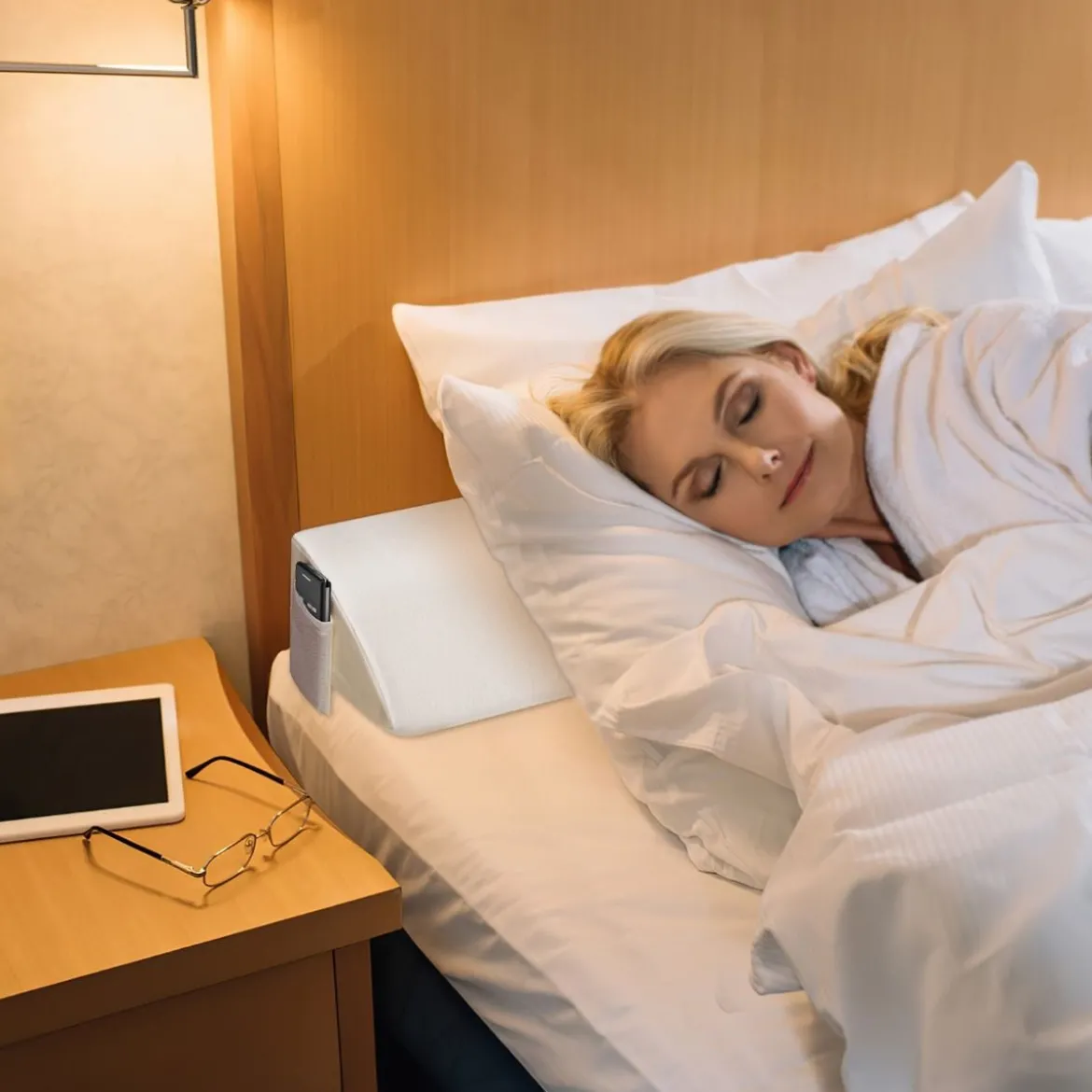 Nackenkissen Bettkeilkissen für Doppelbetten mit Seitentasche 140 x 25 x 15 cm Weiß