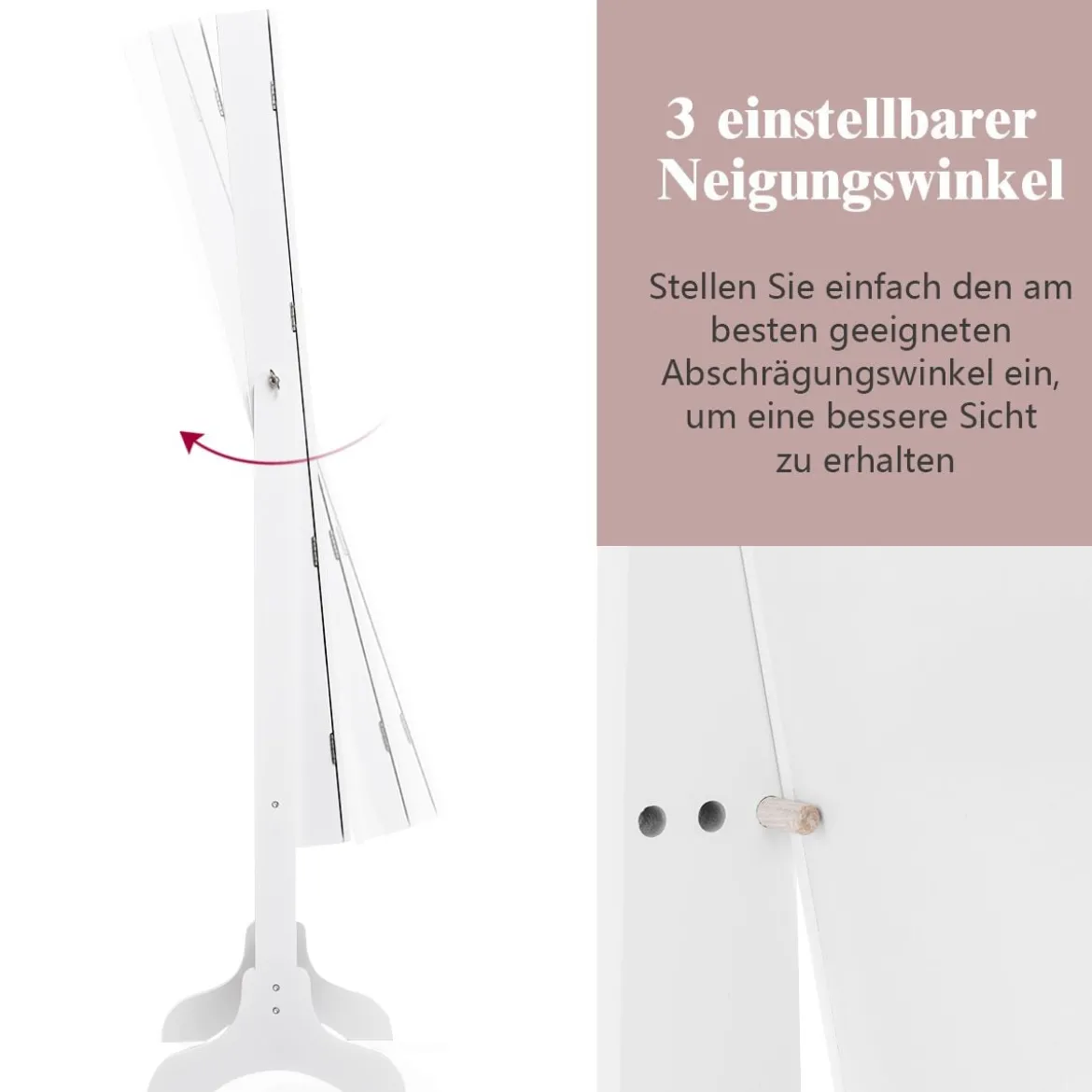 Neigungsverstellbarer Schmuckschrank mit Ganzkörperspiegel & 64 Ohrringschlitzen Schmuckregal