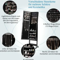 Neigungsverstellbarer Schmuckschrank mit Ganzkörperspiegel & 64 Ohrringschlitzen Schmuckregal