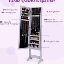 Neigungsverstellbarer Schmuckschrank mit Ganzkörperspiegel & 64 Ohrringschlitzen Schmuckregal
