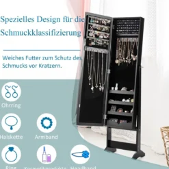 Neigungsverstellbarer Schmuckschrank mit Ganzkörperspiegel & 64 Ohrringschlitzen Schmuckregal