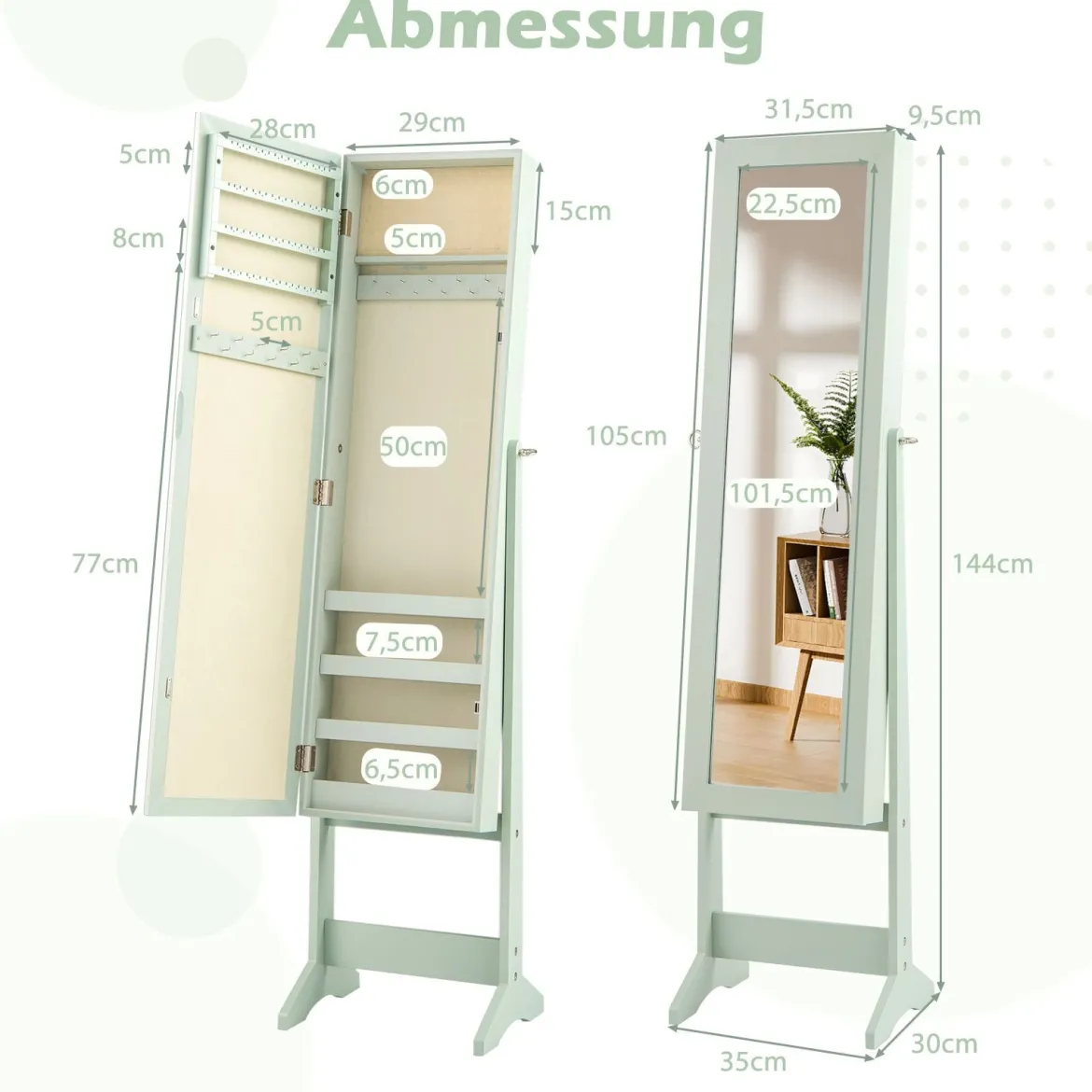 Neigungsverstellbarer Schmuckschrank mit Ganzkörperspiegel & 64 Ohrringschlitzen Schmuckregal