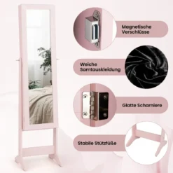 Neigungsverstellbarer Schmuckschrank mit Ganzkörperspiegel & 64 Ohrringschlitzen Schmuckregal