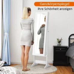 Neigungsverstellbarer Schmuckschrank mit Ganzkörperspiegel & 64 Ohrringschlitzen Schmuckregal
