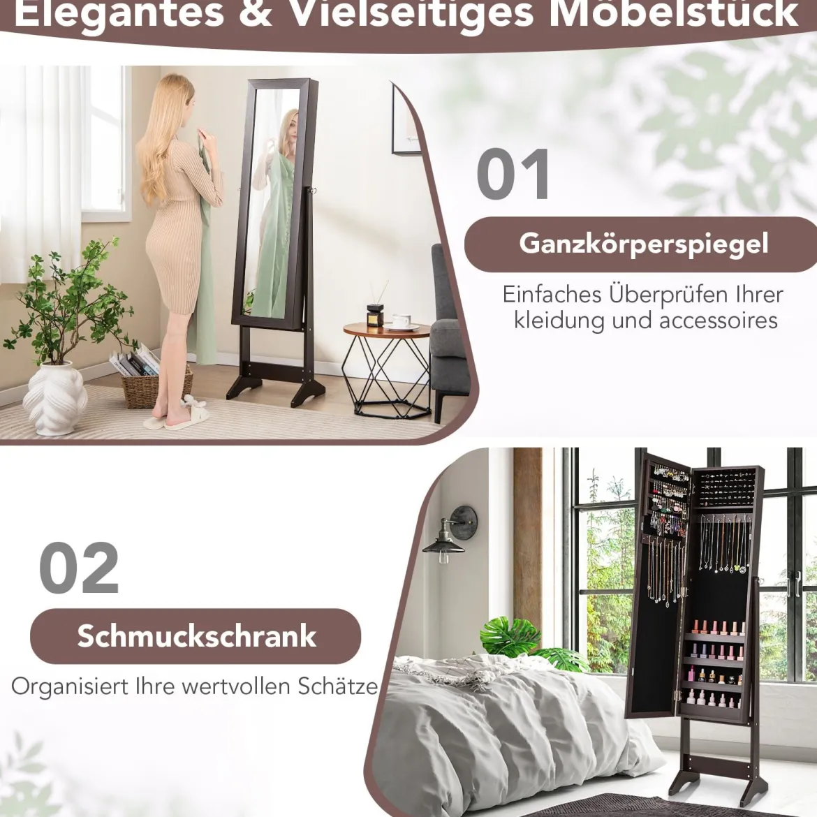 Neigungsverstellbarer Schmuckschrank mit Ganzkörperspiegel & 64 Ohrringschlitzen Schmuckregal
