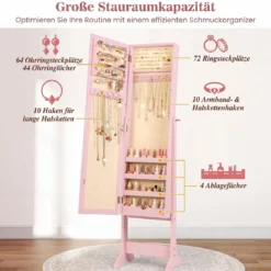 Neigungsverstellbarer Schmuckschrank mit Ganzkörperspiegel & 64 Ohrringschlitzen Schmuckregal