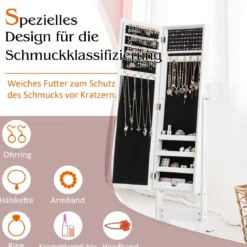 Neigungsverstellbarer Schmuckschrank mit Ganzkörperspiegel & 64 Ohrringschlitzen Schmuckregal
