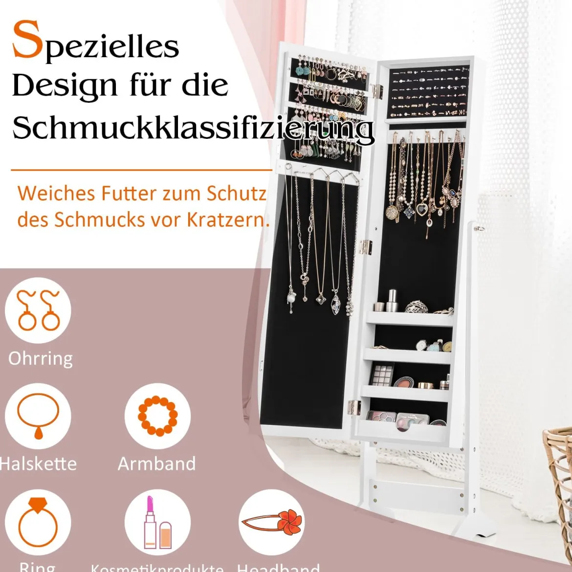 Neigungsverstellbarer Schmuckschrank mit Ganzkörperspiegel & 64 Ohrringschlitzen Schmuckregal