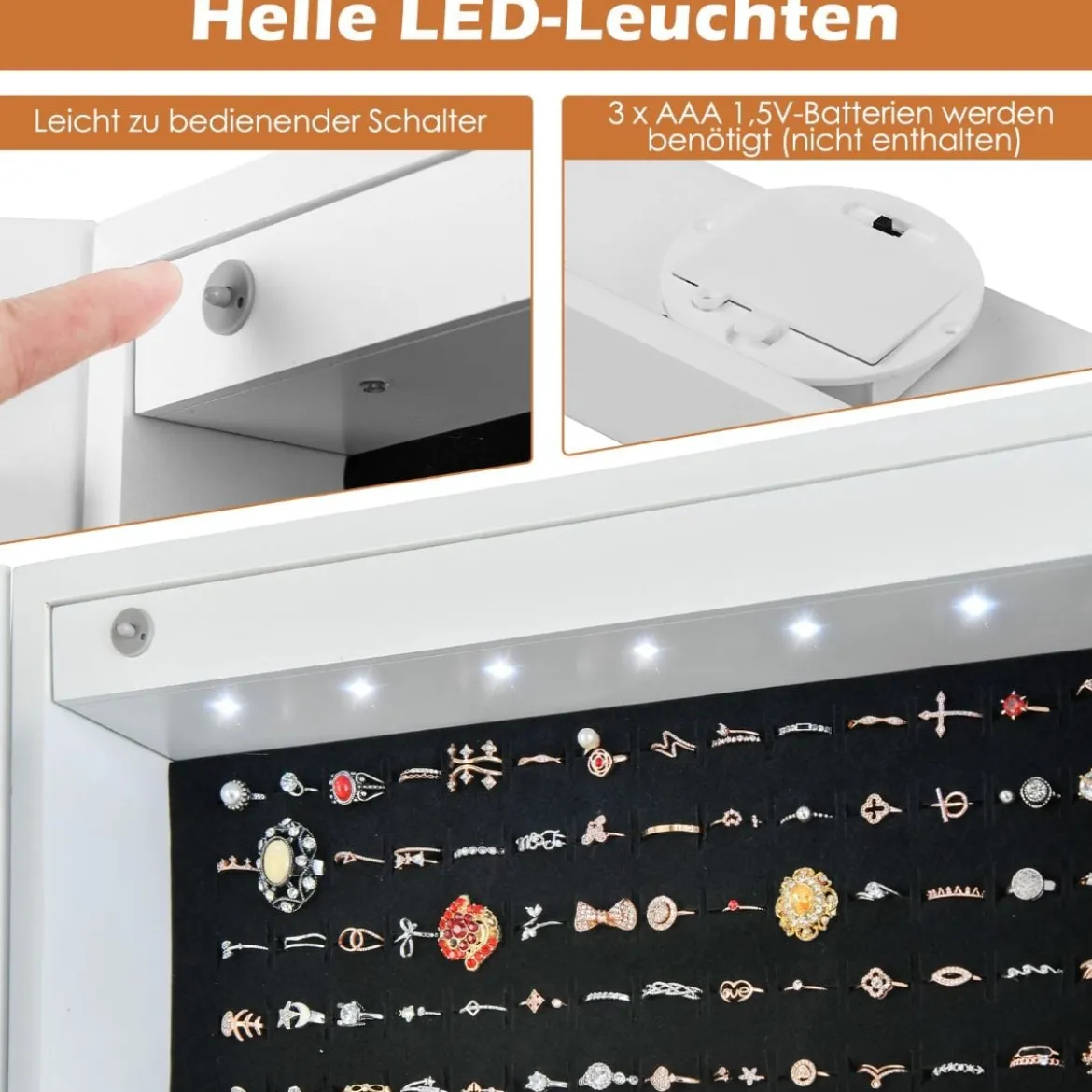 Neigungsverstellbarer Schmuckschrank mit ganzkörperspiegel & LED-Leuchten Weiß