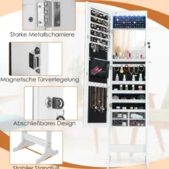 Neigungsverstellbarer Schmuckschrank mit ganzkörperspiegel & LED-Leuchten Weiß