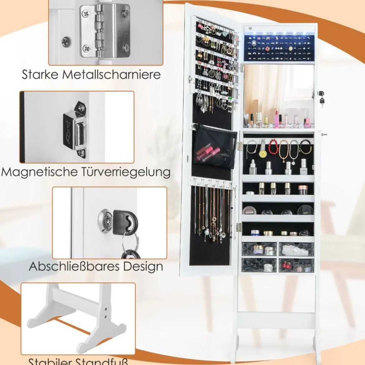 Neigungsverstellbarer Schmuckschrank mit ganzkörperspiegel & LED-Leuchten Weiß
