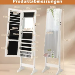 Neigungsverstellbarer Schmuckschrank mit ganzkörperspiegel & LED-Leuchten Weiß