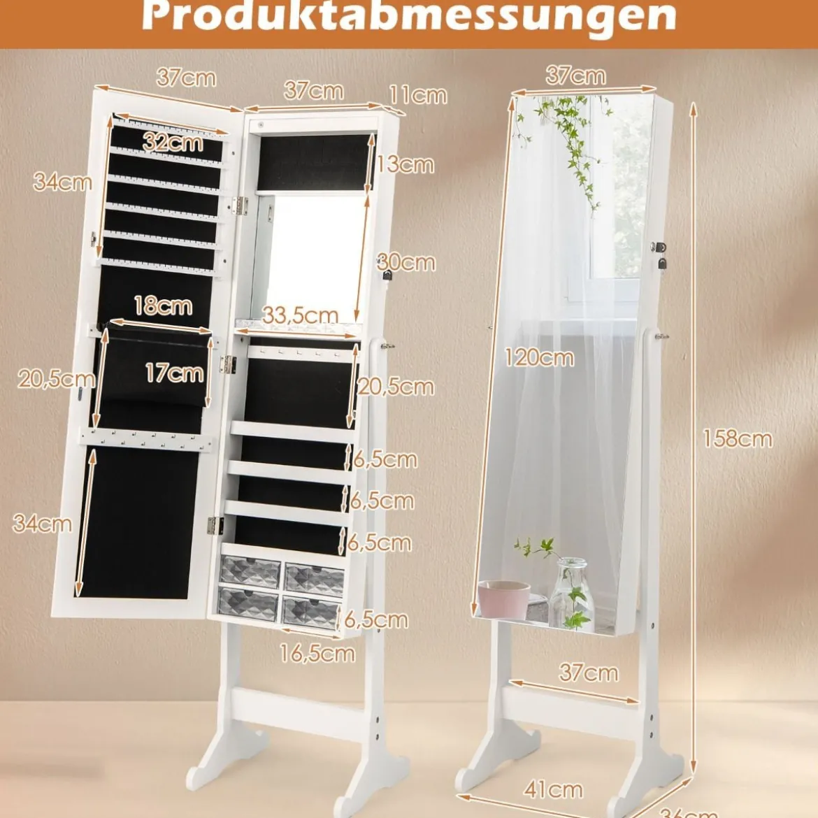 Neigungsverstellbarer Schmuckschrank mit ganzkörperspiegel & LED-Leuchten Weiß