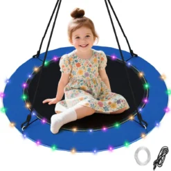 Nestschaukel Ø100cm LED-Beleuchtung Verstellbares Seil bis 150kg Garten Spielplatz Blau