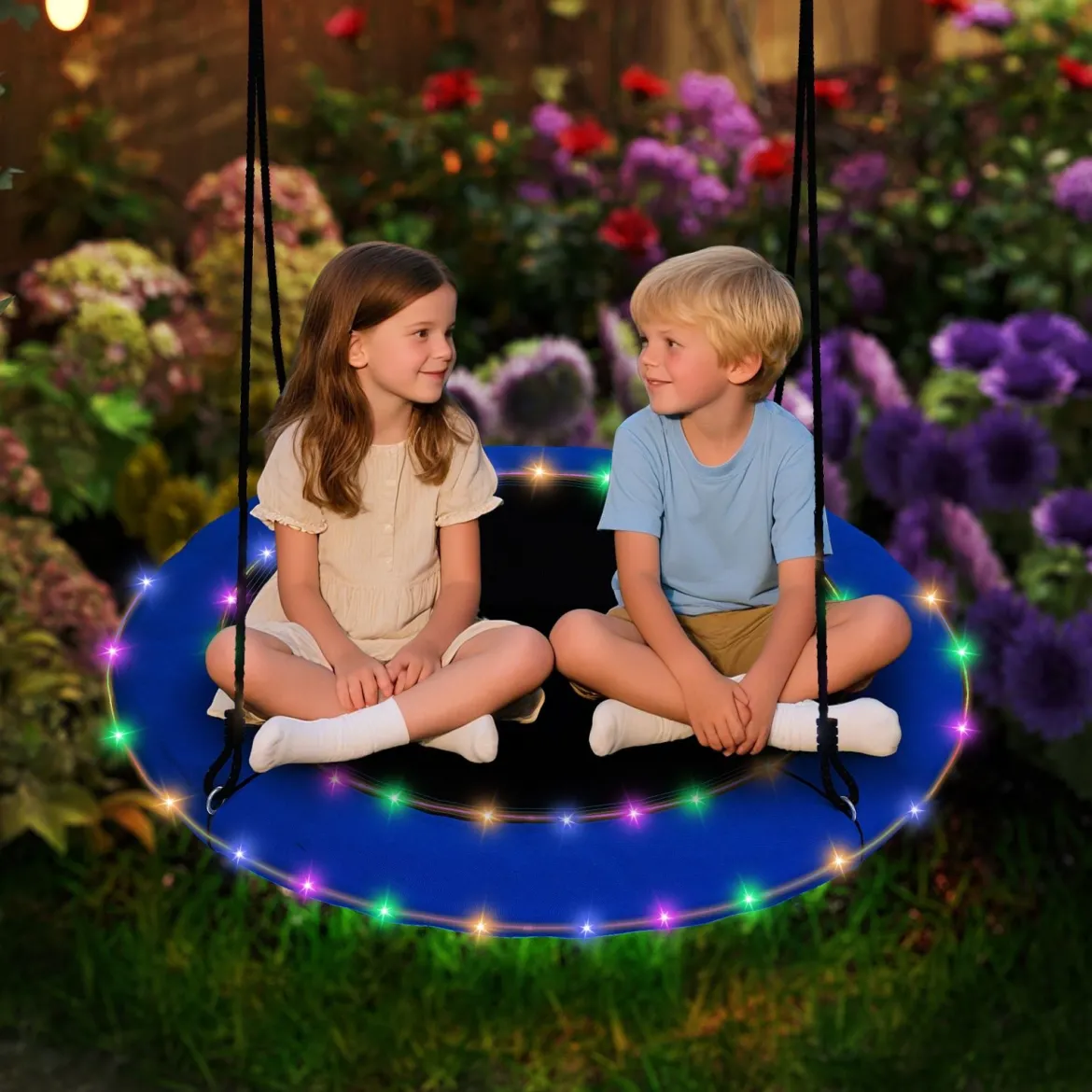 Nestschaukel Ø100cm LED-Beleuchtung Verstellbares Seil bis 150kg Garten Spielplatz Blau