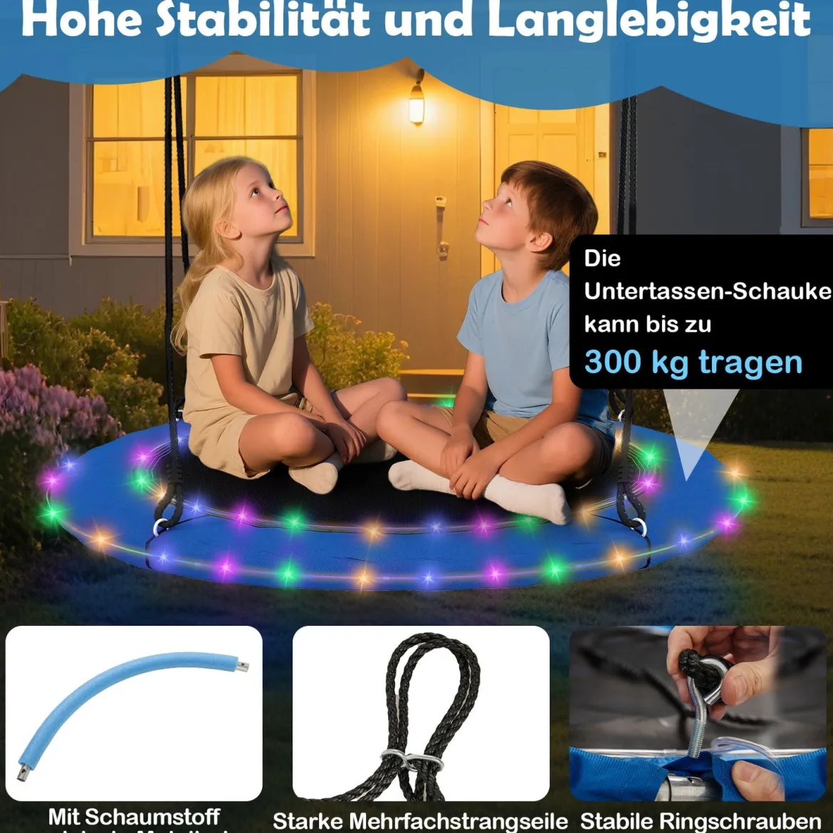 Nestschaukel Ø100cm LED-Beleuchtung Verstellbares Seil bis 150kg Garten Spielplatz Blau