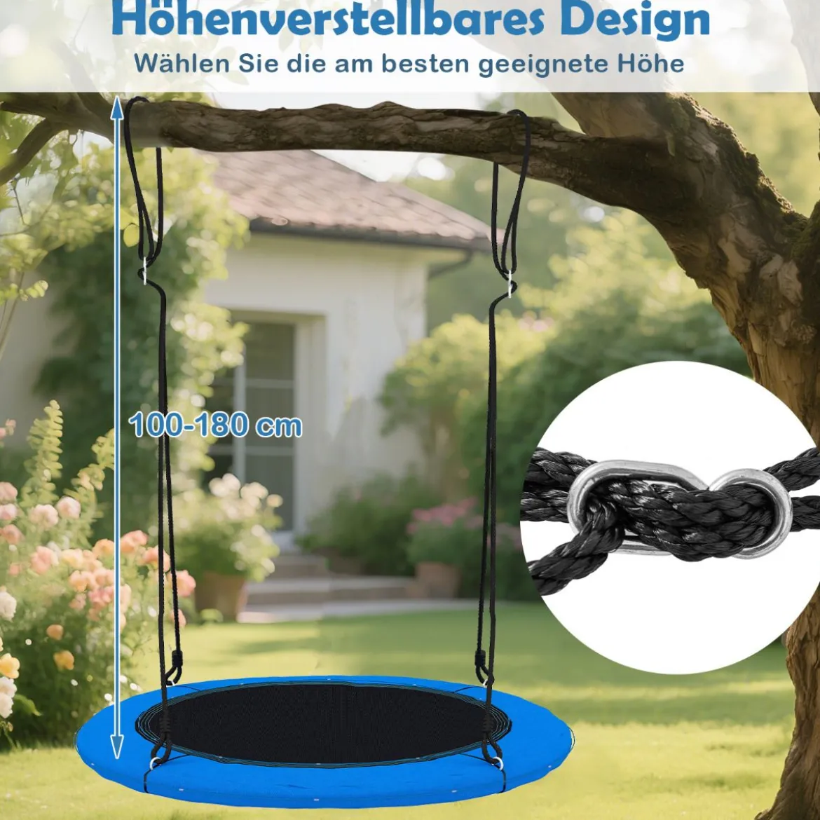 Nestschaukel Ø100cm LED-Beleuchtung Verstellbares Seil bis 150kg Garten Spielplatz Blau