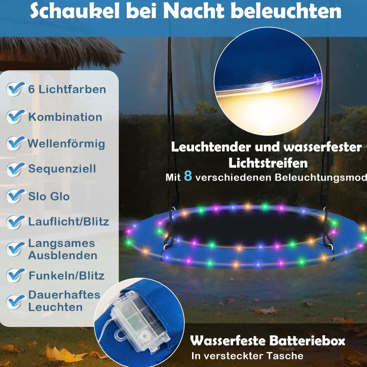 Nestschaukel Ø100cm LED-Beleuchtung Verstellbares Seil bis 150kg Garten Spielplatz Blau