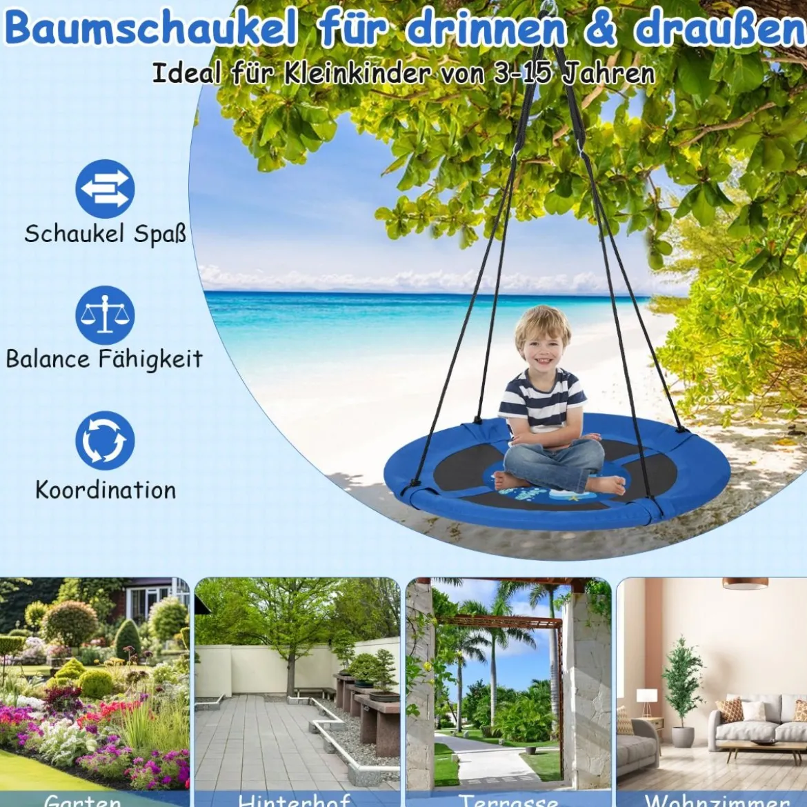 Nestschaukel Kinderschaukel Baumschaukel Hängeschaukel Ø 100 cm Blau-Wal