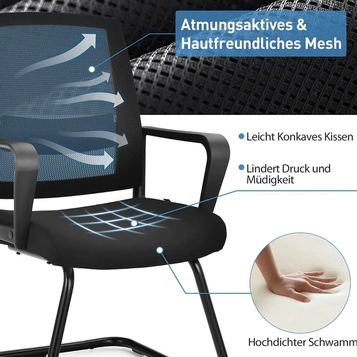 Netz Bürostuhl mit Rückenlehne bis 136kg belastbar 60 x 54,5 x 94 cm Schwarz