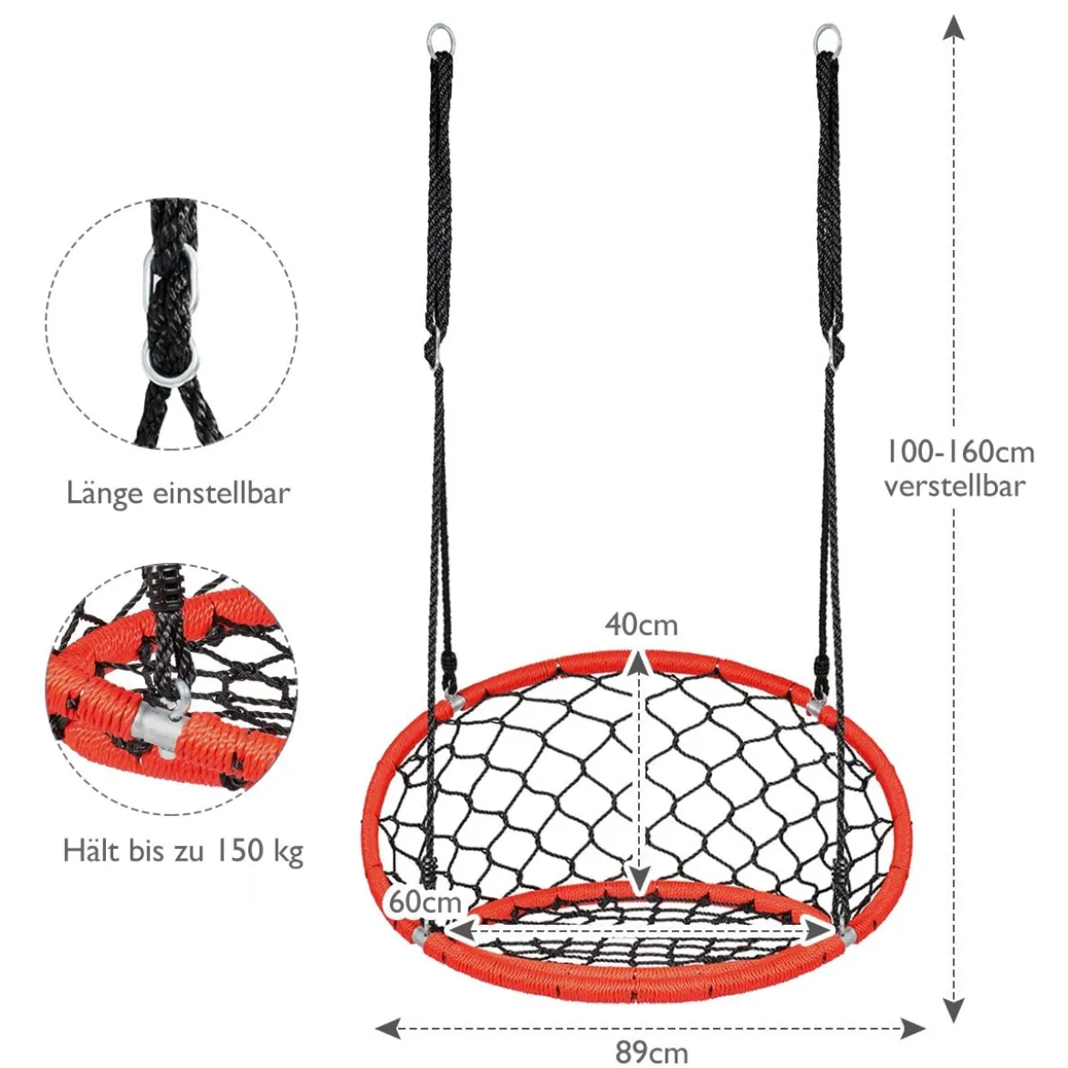 Netz-Schaukel Baumschaukel-Set Netz-Hängeschaukel mit verstellbaren Seilen und stabilem Stahlrahmen Orange