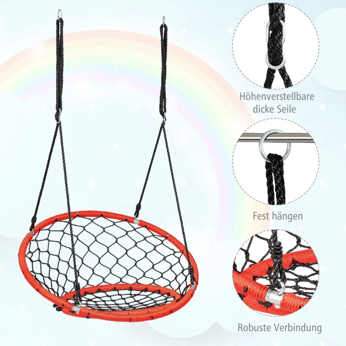Netz-Schaukel Baumschaukel-Set Netz-Hängeschaukel mit verstellbaren Seilen und stabilem Stahlrahmen Orange