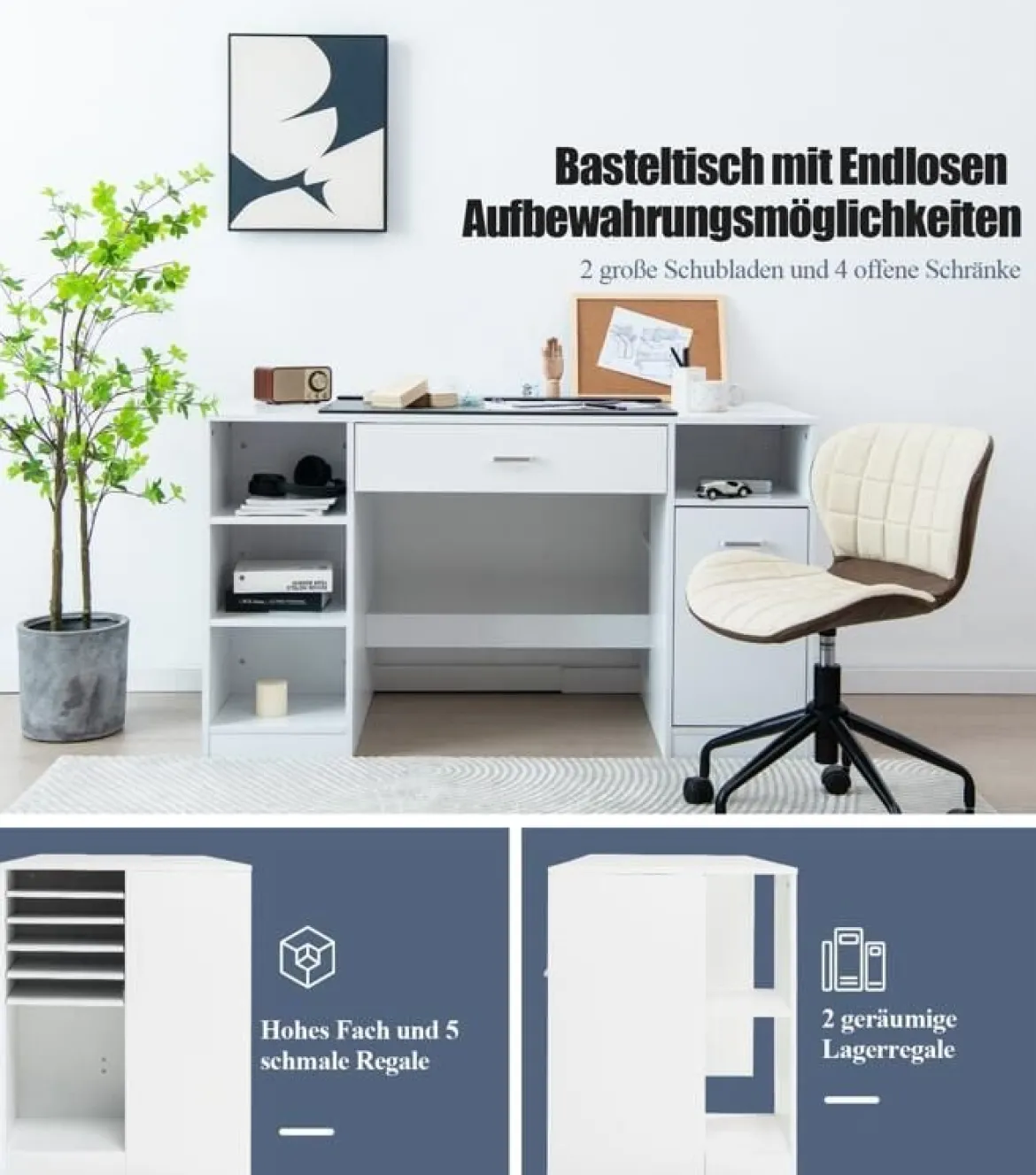 Nähmaschinentisch Artwork Nähtisch mit Aufbewahrungsregalen & Schubladen 135 x 60 x 76 cm Weiß