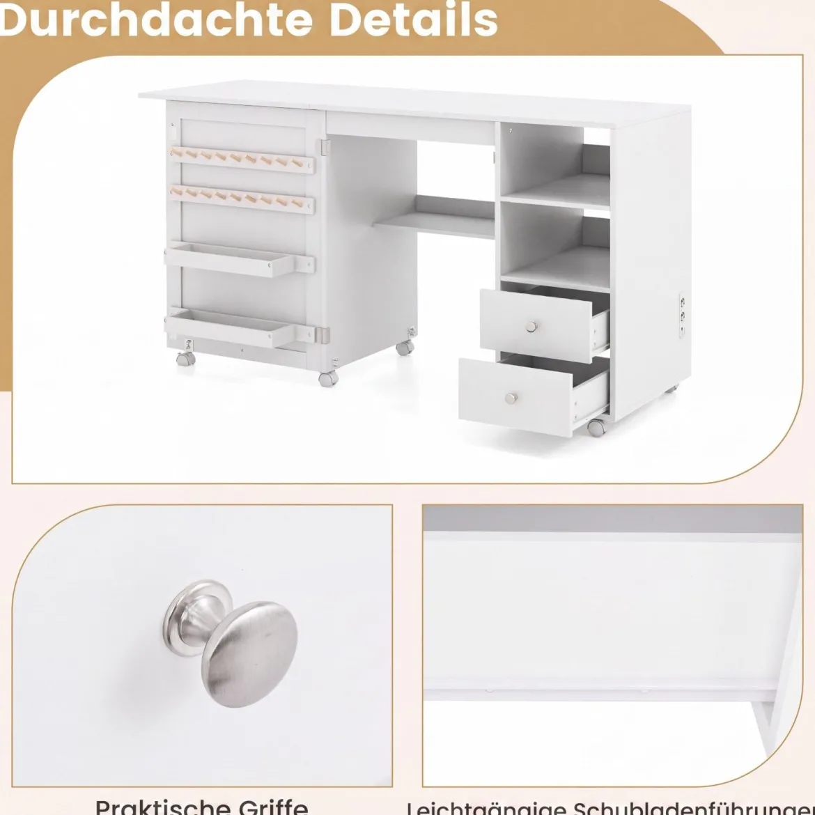 Nähtisch auf Rollen Klappbarer Nähmaschinenschrank mit Ladestation 2 Schubladen Weiß