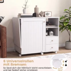 Nähtisch auf Rollen Klappbarer Nähmaschinenschrank mit Ladestation 2 Schubladen Weiß