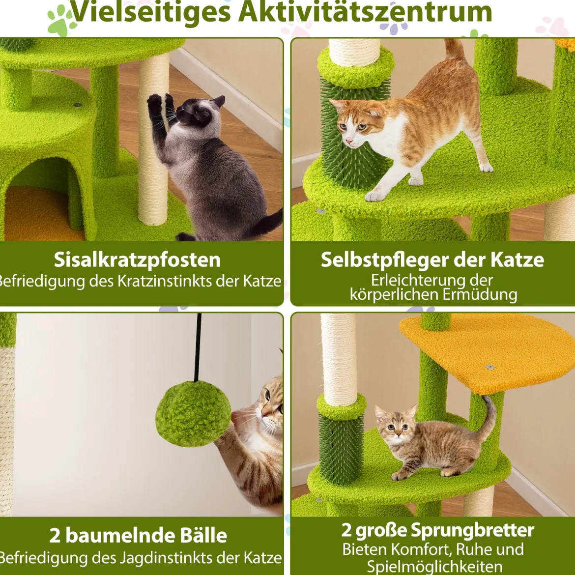 Niedlicher Katzenbaum für erwachsene Katzen mehrstufiger Katzenturm mit künstlichen Blättern Grün