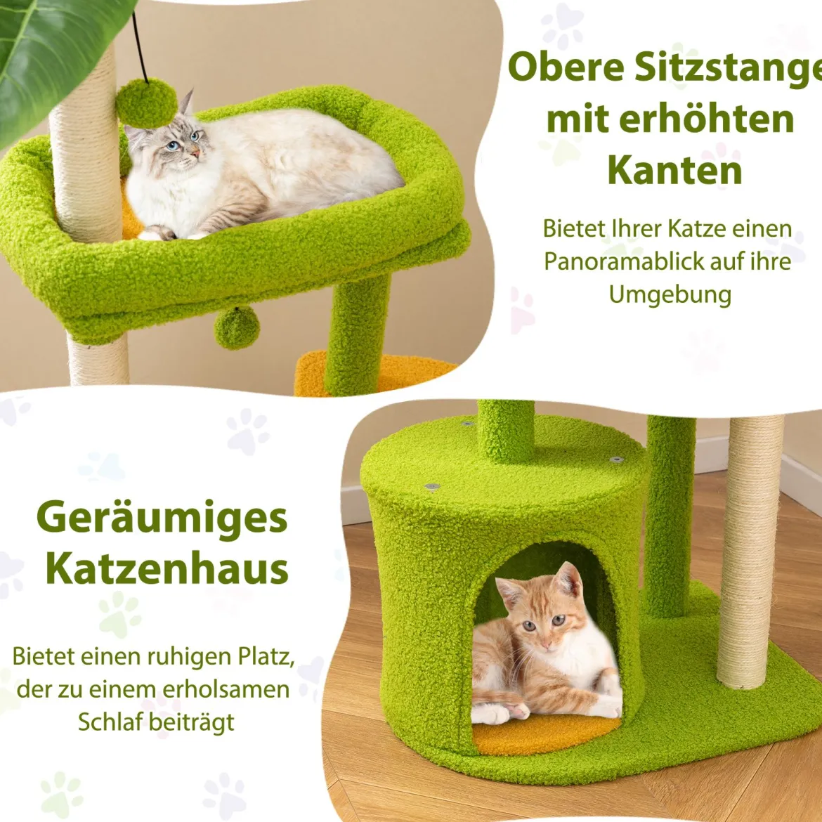 Niedlicher Katzenbaum für erwachsene Katzen mehrstufiger Katzenturm mit künstlichen Blättern Grün