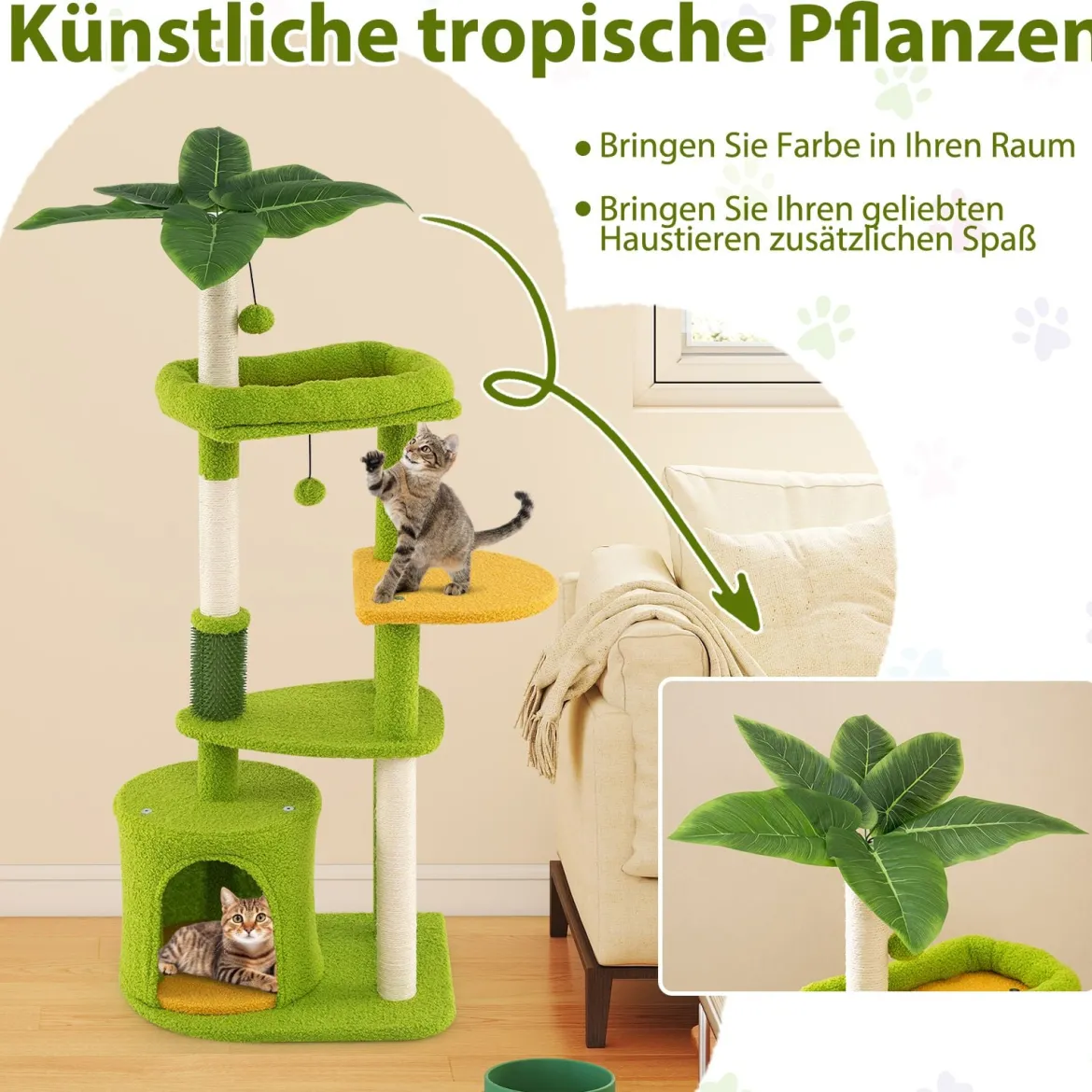 Niedlicher Katzenbaum für erwachsene Katzen mehrstufiger Katzenturm mit künstlichen Blättern Grün