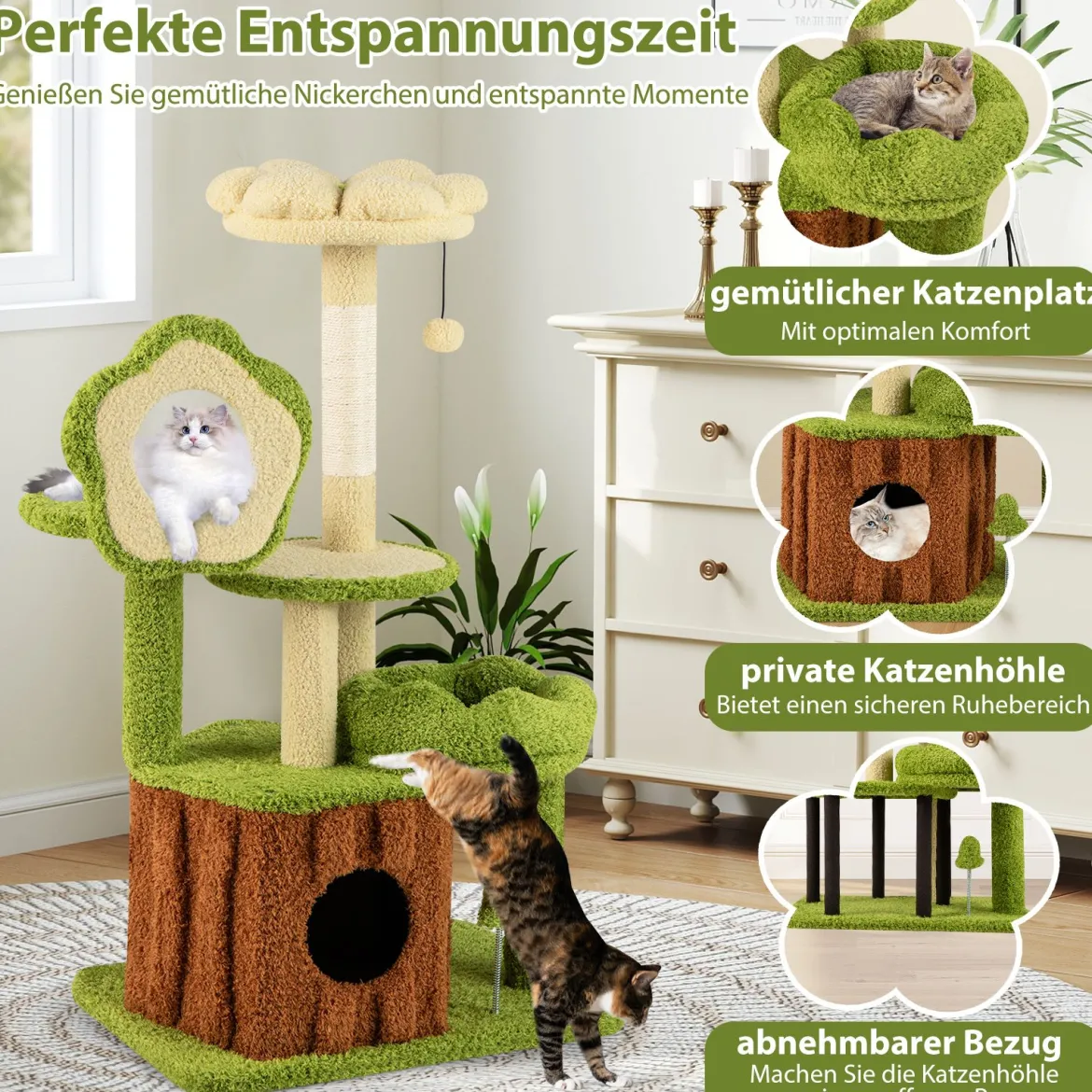 Niedlicher Katzenbaum für erwachsene Katzen mehrstöckiger Katzenturm mit Baumstamm-Kondo Grün