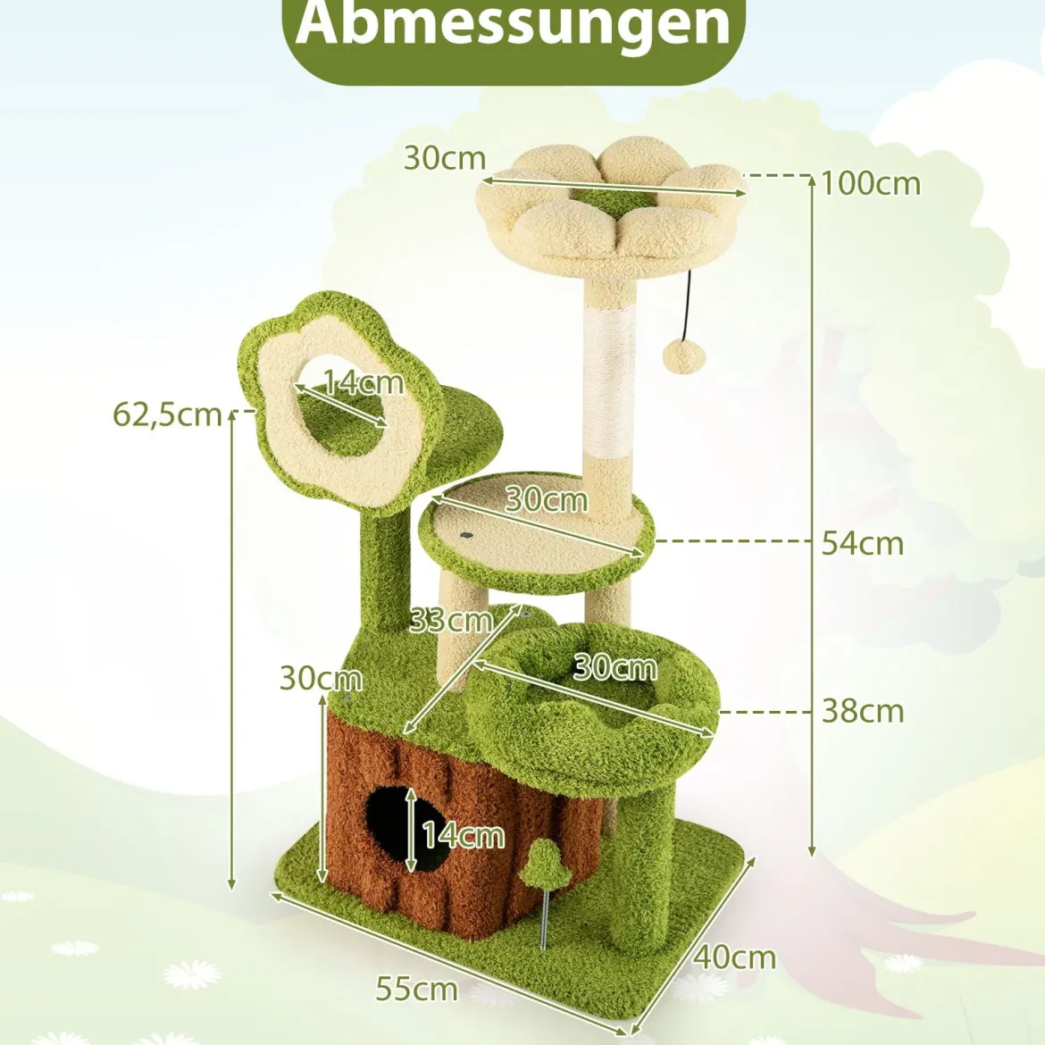 Niedlicher Katzenbaum für erwachsene Katzen mehrstöckiger Katzenturm mit Baumstamm-Kondo Grün