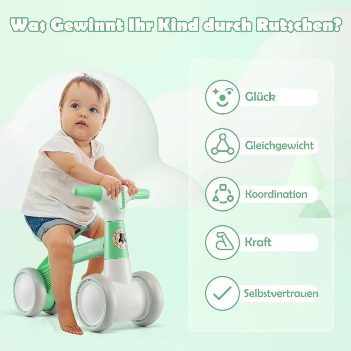 Niedliches Baby-Laufrad 4-Rad-Kinderfahrrad ohne Pedal 55,5 x 26 x 39 cm Grün
