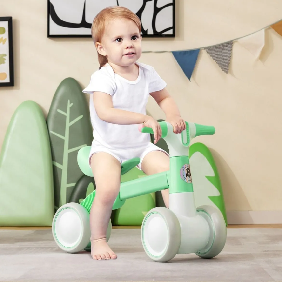 Niedliches Baby-Laufrad 4-Rad-Kinderfahrrad ohne Pedal 55,5 x 26 x 39 cm Grün