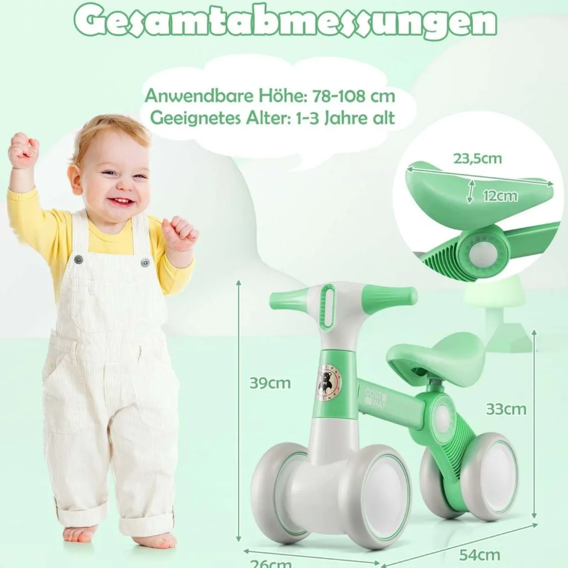 Niedliches Baby-Laufrad 4-Rad-Kinderfahrrad ohne Pedal 55,5 x 26 x 39 cm Grün