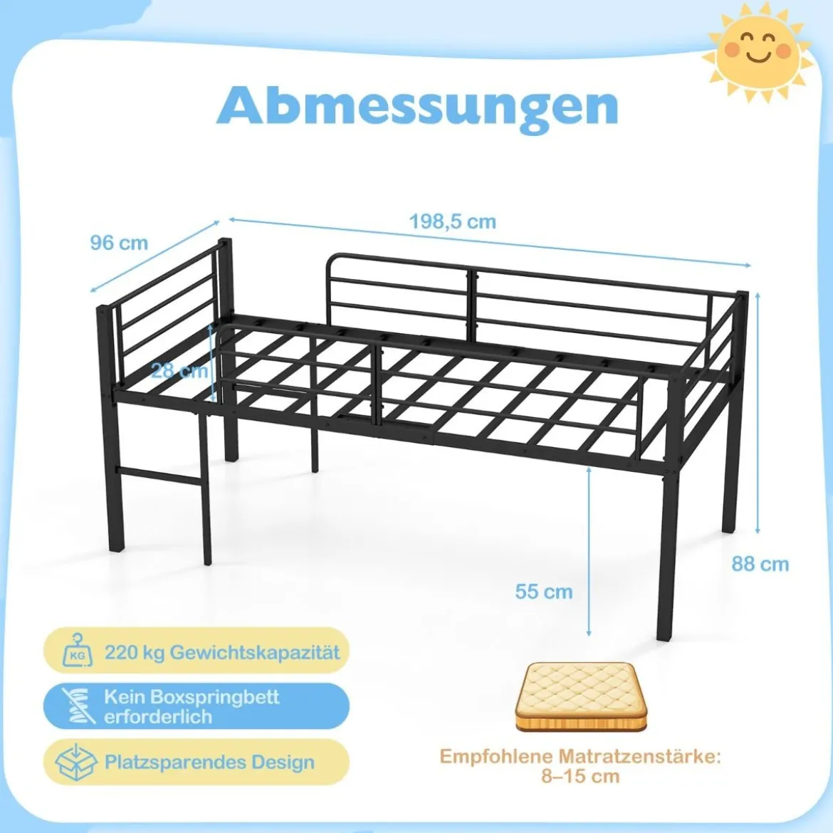 Niedriges Hochbett Bettgestell aus Metall mit Sicherheitsgeländern & 2 Leitern Bettrahmen Schwarz