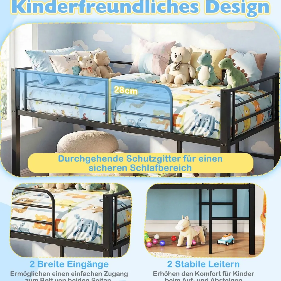 Niedriges Hochbett Bettgestell aus Metall mit Sicherheitsgeländern & 2 Leitern Bettrahmen Schwarz