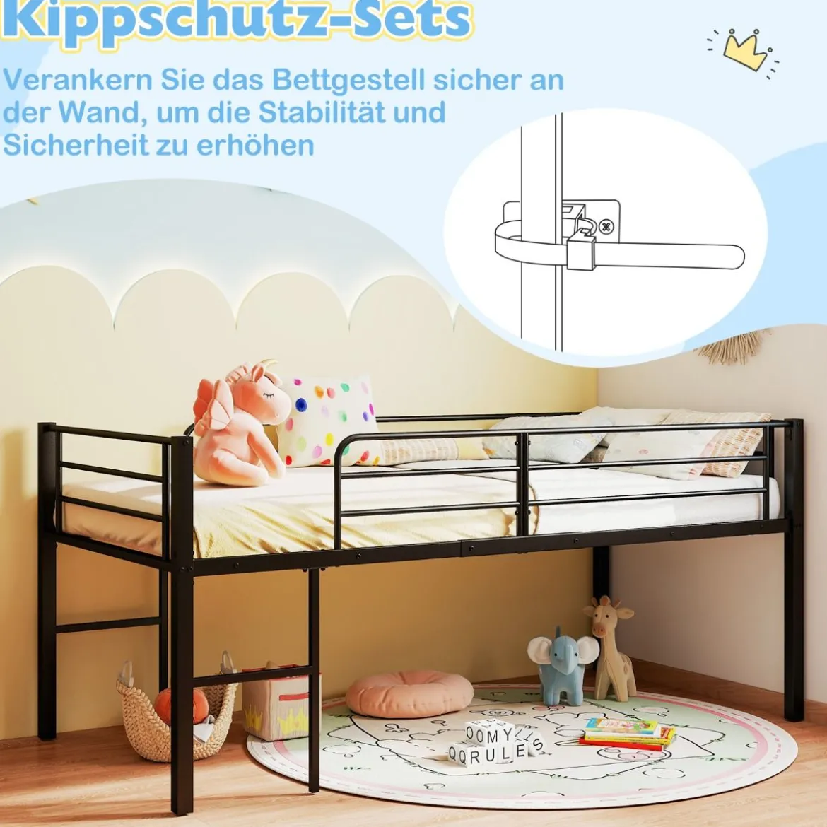 Niedriges Hochbett Bettgestell aus Metall mit Sicherheitsgeländern & 2 Leitern Bettrahmen Schwarz