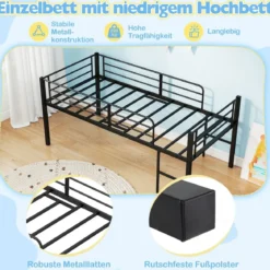 Niedriges Hochbett Bettgestell aus Metall mit Sicherheitsgeländern & 2 Leitern Bettrahmen Schwarz