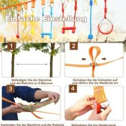 Ninja-Hindernis-Set für Kinder Slackline mit 7 Hindernissen verstellbaren Schnallen Baumschutz 100kg Tragkraft