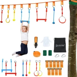 Ninja-Hindernis-Set für Kinder Slackline mit 7 Hindernissen verstellbaren Schnallen Baumschutz 100kg Tragkraft