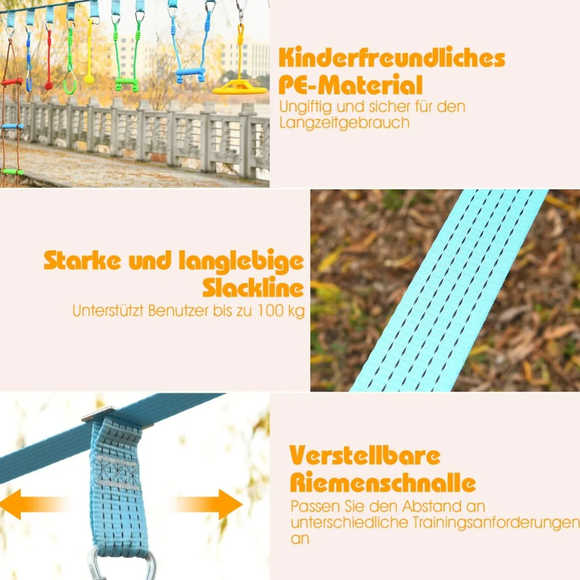 Ninja-Warrior-Set für Kinder 15M Kinder Slackline hängende 9 Hindernisse verstellbaren Outdoor Bunt