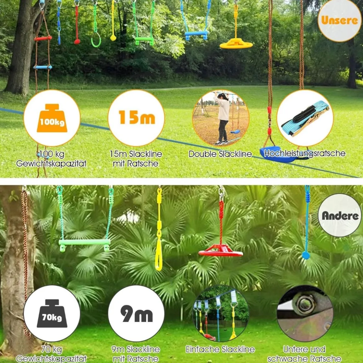 Ninja-Warrior-Set für Kinder 15M Kinder Slackline hängende 9 Hindernisse verstellbaren Outdoor Bunt