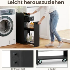 Nischenschrank mit Rollen & Offener Ablage & 2 Schubladen Schmale Rollwagen Nischenwagen Schwarz