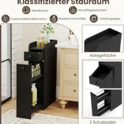 Nischenschrank mit Rollen & Offener Ablage & 2 Schubladen Schmale Rollwagen Nischenwagen Schwarz