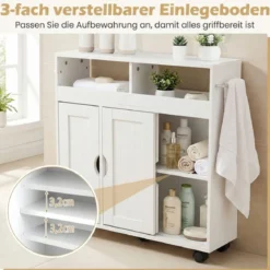 Nischenschrank mit Rollen & Verstellbarem Regal & Handtuchhalter & Schiebetüren Badrollwagen