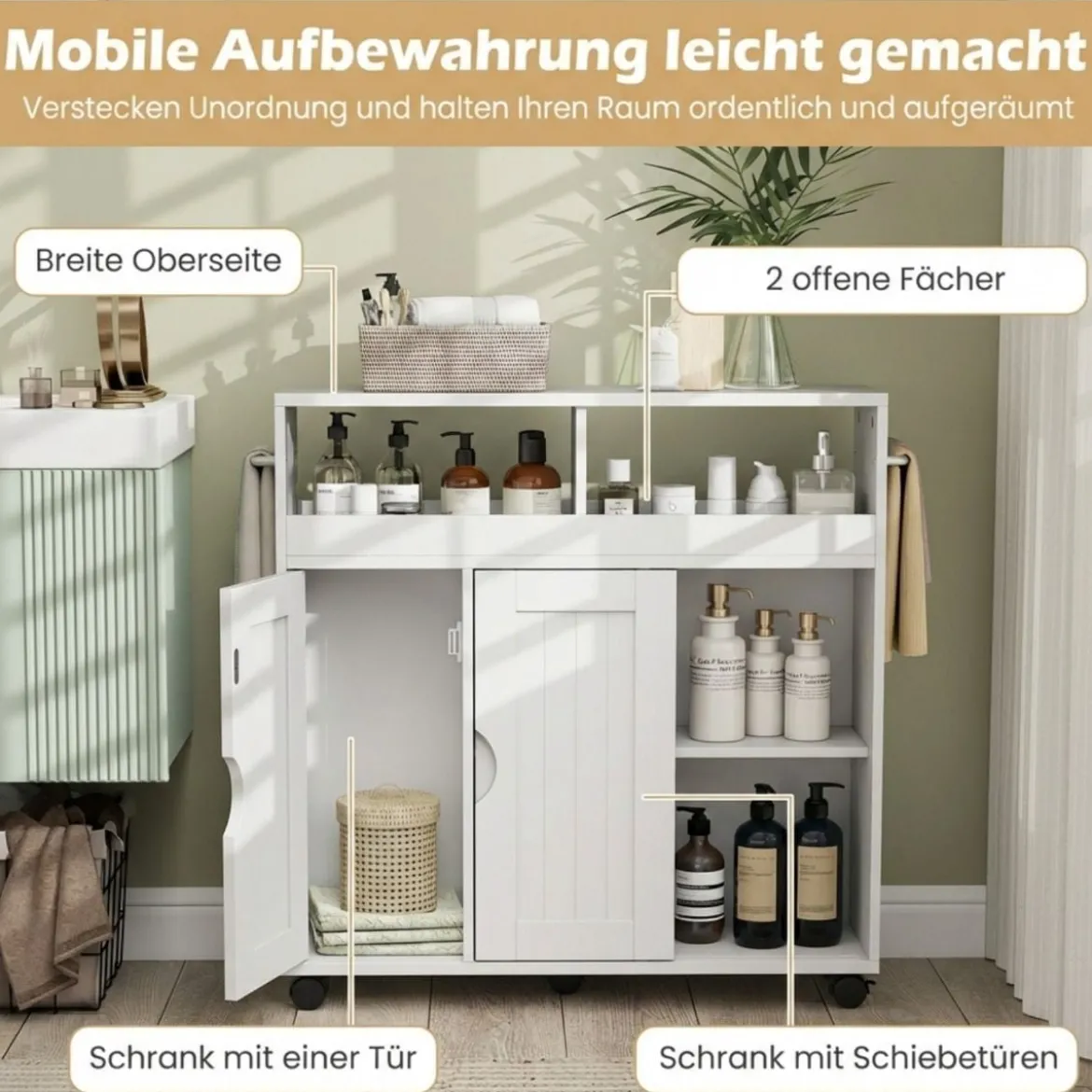 Nischenschrank mit Rollen & Verstellbarem Regal & Handtuchhalter & Schiebetüren Badrollwagen