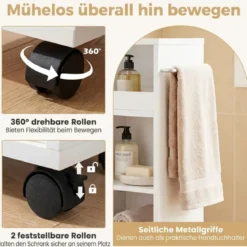 Nischenschrank mit Rollen & Verstellbarem Regal & Handtuchhalter & Schiebetüren Badrollwagen